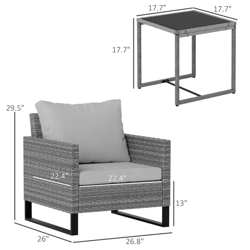 Ensemble de mobilier de jardin 3 pièces, salon de bistrot en osier avec coussins, chaises en rotin, table basse en verre pour jardin, véranda, balcon