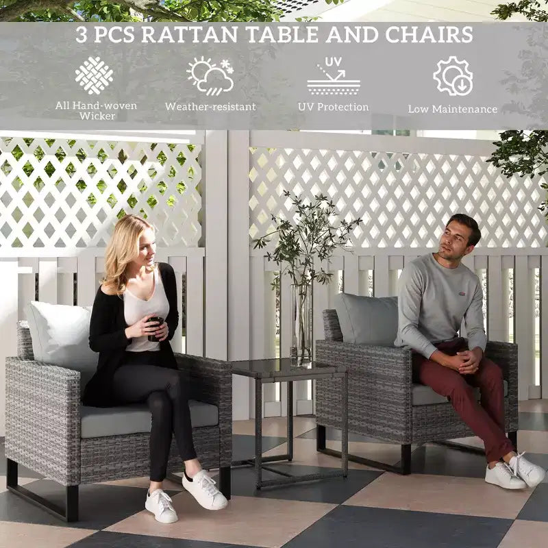 Ensemble de mobilier de jardin 3 pièces, salon de bistrot en osier avec coussins, chaises en rotin, table basse en verre pour jardin, véranda, balcon