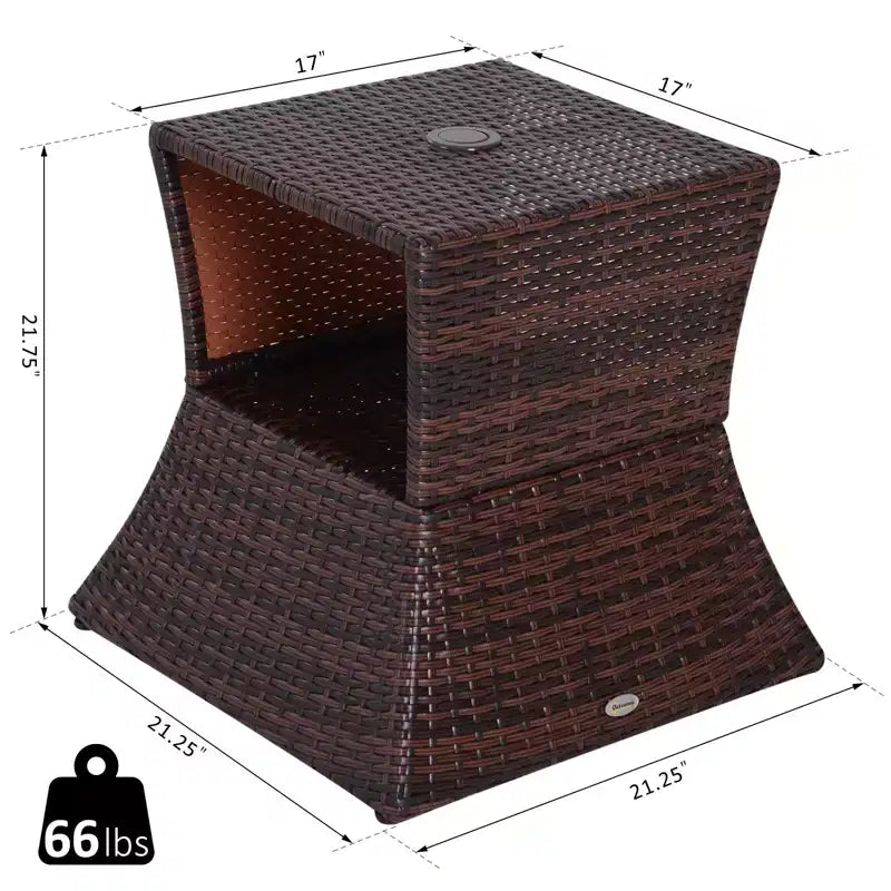 Table d'appoint d'extérieur avec trou pour parasol, table d'appoint en rotin à 2 niveaux avec étagère de rangement, tout temps pour l'extérieur, le patio, le jardin.