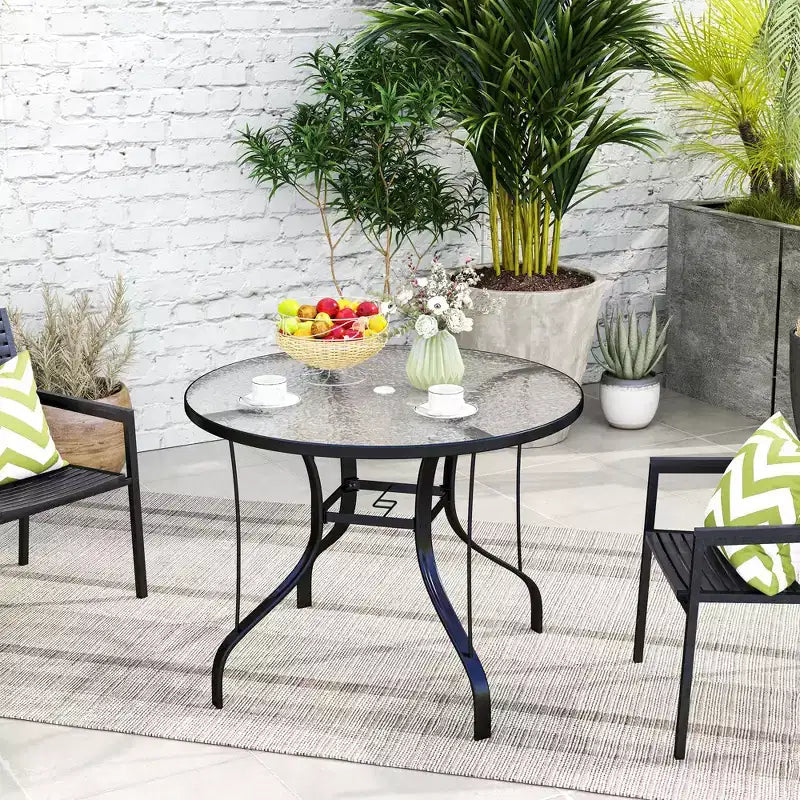 Table de patio ronde de 38 po avec trou pour parasol, table à manger d'extérieur en verre trempé