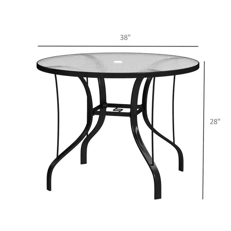 Table de patio ronde de 38 po avec trou pour parasol, table à manger d'extérieur en verre trempé