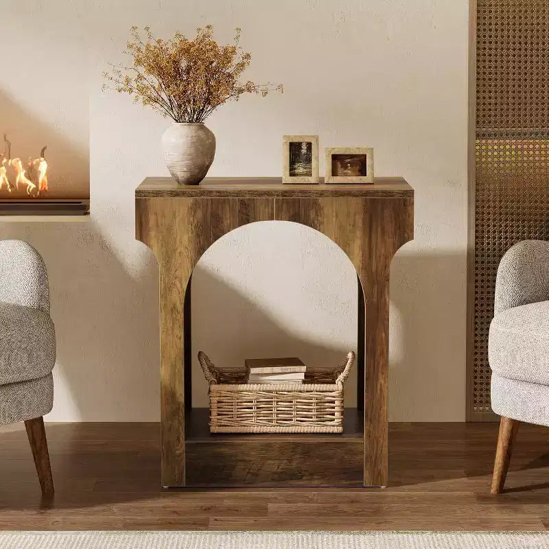 Table d'appoint Lantine Wood End avec espace de rangement pour salon, table de chevet étroite pour chambre, marron