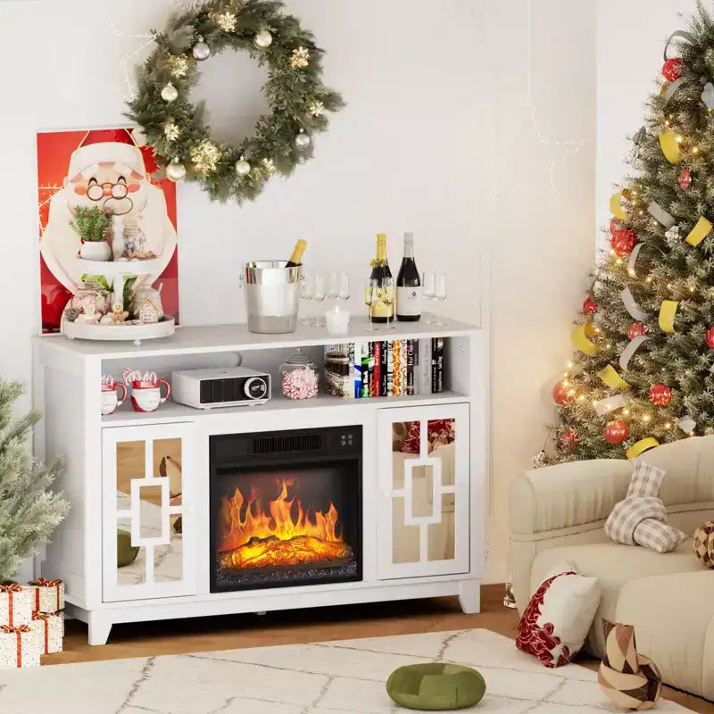 Meuble TV avec cheminée électrique Karl pour téléviseur de 60 pouces, centre de divertissement moderne avec meuble de rangement avec porte vitrée