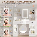 Grande coiffeuse avec miroir coulissant et lumières LED 3 couleurs, table de maquillage avec tiroirs de rangement, étagères, placards, station de beauté en MDF