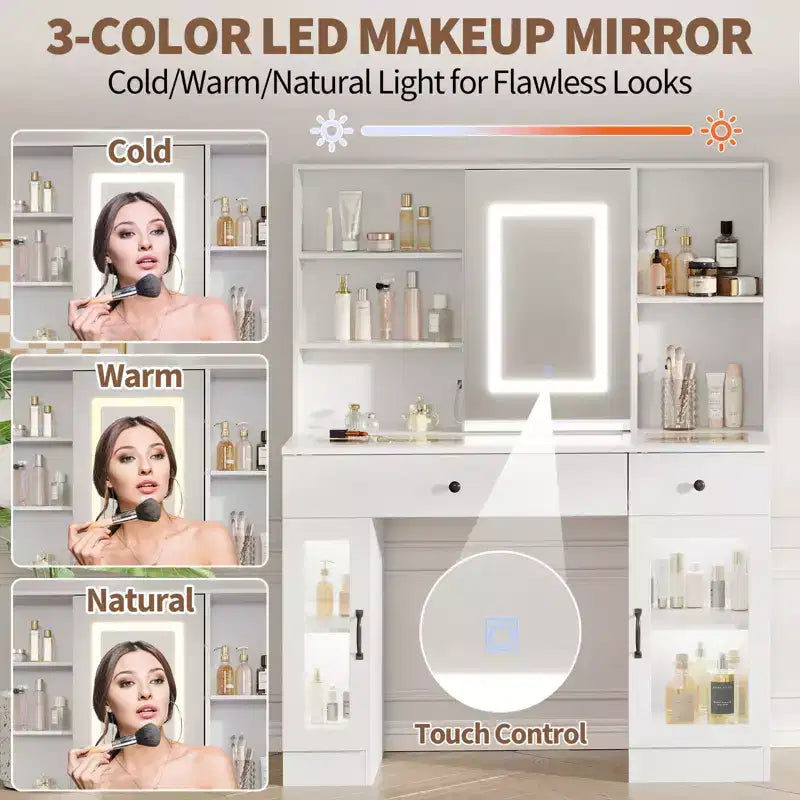 Grande coiffeuse avec miroir coulissant et lumières LED 3 couleurs, table de maquillage avec tiroirs de rangement, étagères, placards, station de beauté en MDF