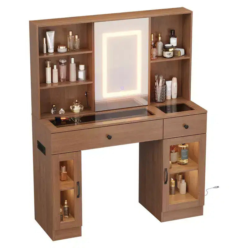 Grande coiffeuse avec miroir coulissant et lumières LED 3 couleurs, table de maquillage avec tiroirs de rangement, étagères, placards, station de beauté en MDF
