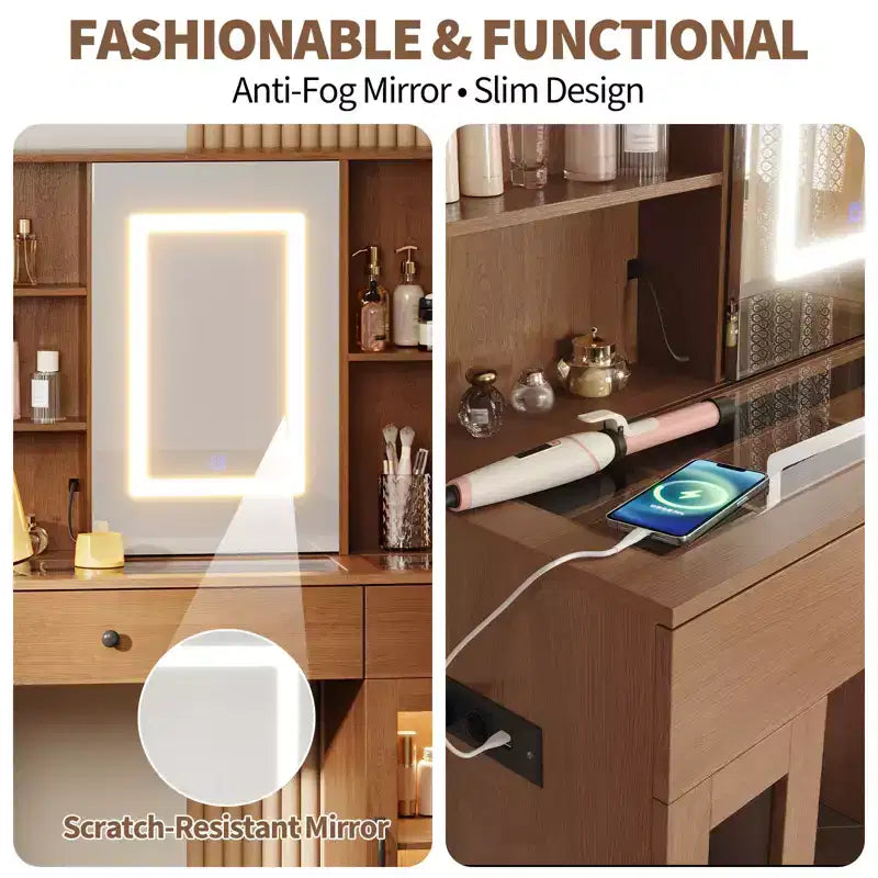 Grande coiffeuse avec miroir coulissant et lumières LED 3 couleurs, table de maquillage avec tiroirs de rangement, étagères, placards, station de beauté en MDF