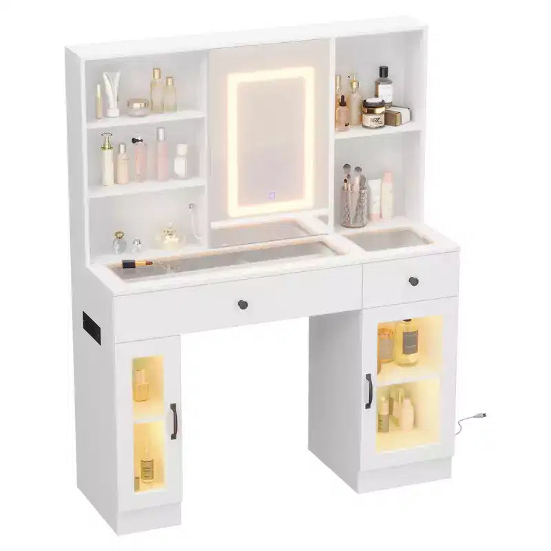 Grande coiffeuse avec miroir coulissant et lumières LED 3 couleurs, table de maquillage avec tiroirs de rangement, étagères, placards, station de beauté en MDF