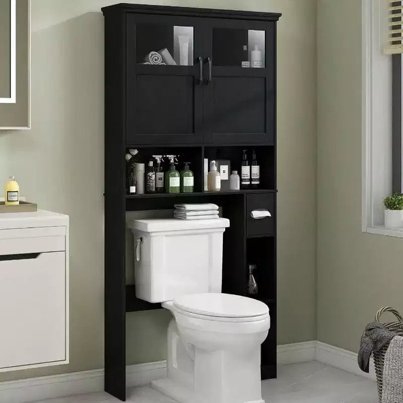 Over Toilet Storage Cabinet with Double Doors Toilet Paper Holder Stand, Freestanding Black Shelf Space Saver with Anti