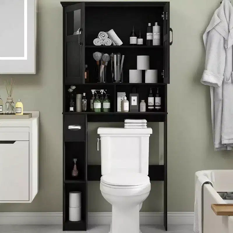 Meuble de rangement pour toilettes avec deux portes, porte-rouleau de papier toilette, étagère autoportante noire peu encombrante avec anti
