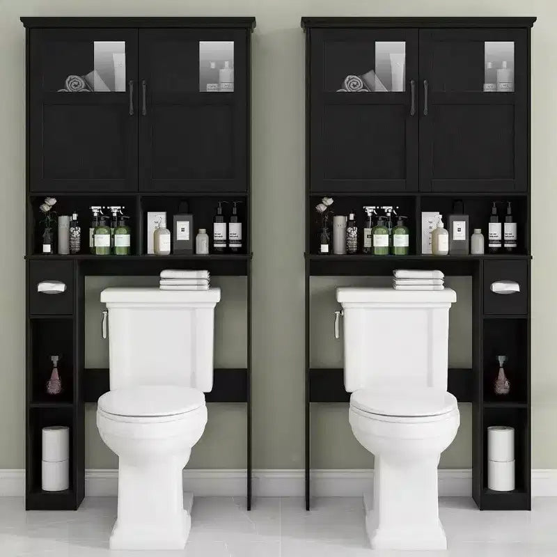 Meuble de rangement pour toilettes avec deux portes, porte-rouleau de papier toilette, étagère autoportante noire peu encombrante avec anti