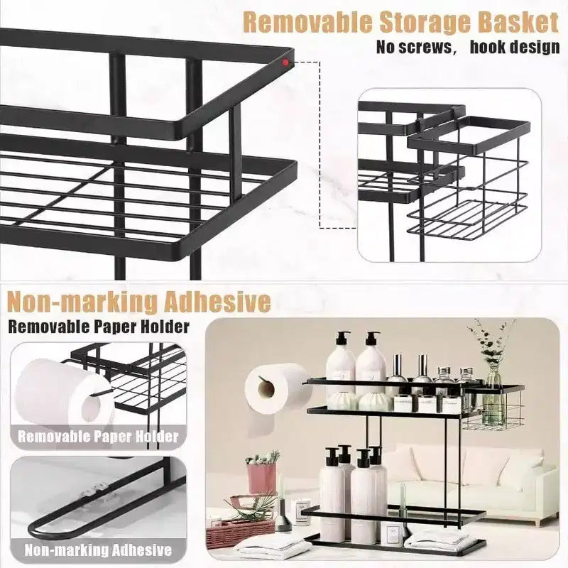 Étagère de rangement au-dessus des toilettes à 2 niveaux avec panier amovible, porte-papier, rangement au-dessus des toilettes, adhésif non marquant
