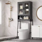 Over Toilet Storage Cabinet with Tempered Glass Doors Adjustable Shelf Bathroom Organizer Metal Stand Black Space Saver