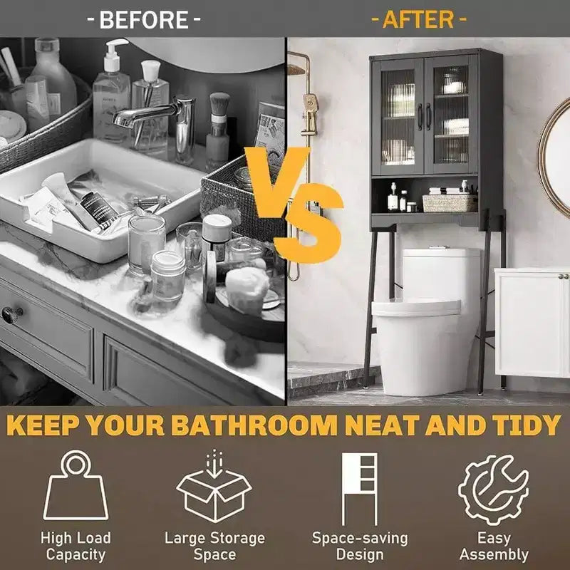 Meuble de rangement sur toilettes avec portes en verre trempé Étagère réglable Organisateur de salle de bain Support en métal Noir Gain de place