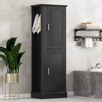 MAYEERTY Tall Bathroom Cabinet Freestanding Hook Adjustable Shelf MDF White