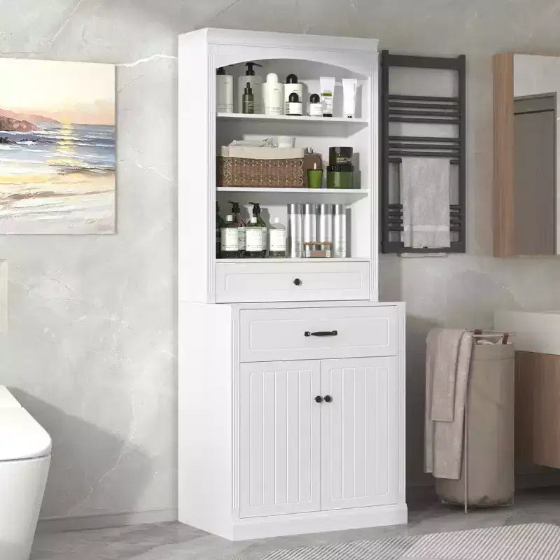 MAYEERTY Meuble de salle de bain blanc 4 portes Tiroirs Étagère réglable 6 étagères ouvertes Combo MDF