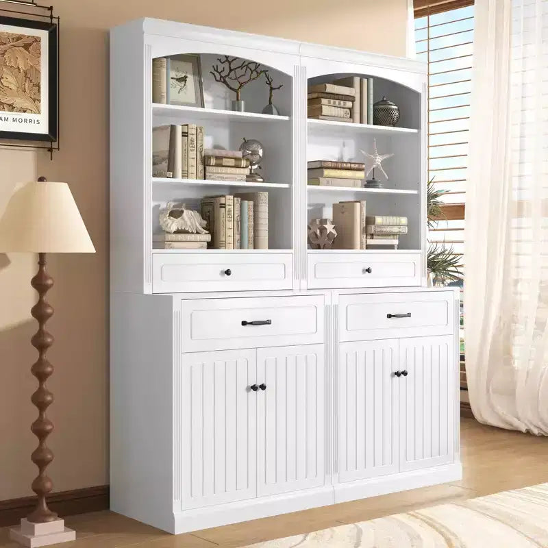 MAYEERTY Meuble de salle de bain blanc 4 portes Tiroirs Étagère réglable 6 étagères ouvertes Combo MDF