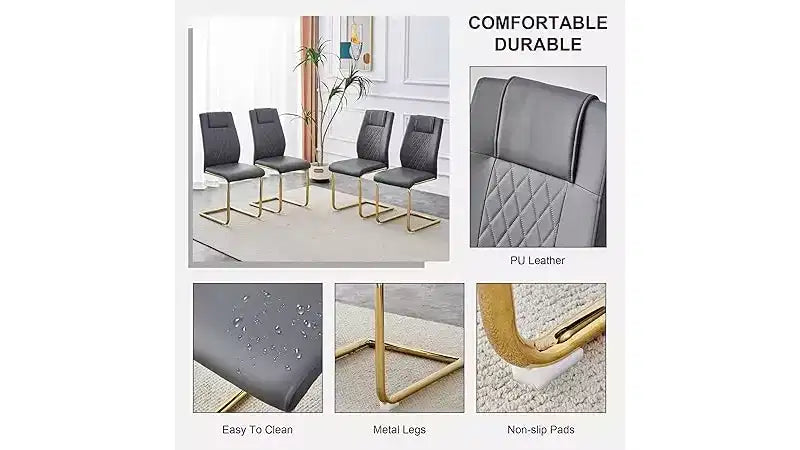 Lot de 6 chaises de salle à manger, chaise d'appoint rembourrée en cuir avec pieds en métal, chaise éponge moderne et confortable pour salle à manger et salon, gris