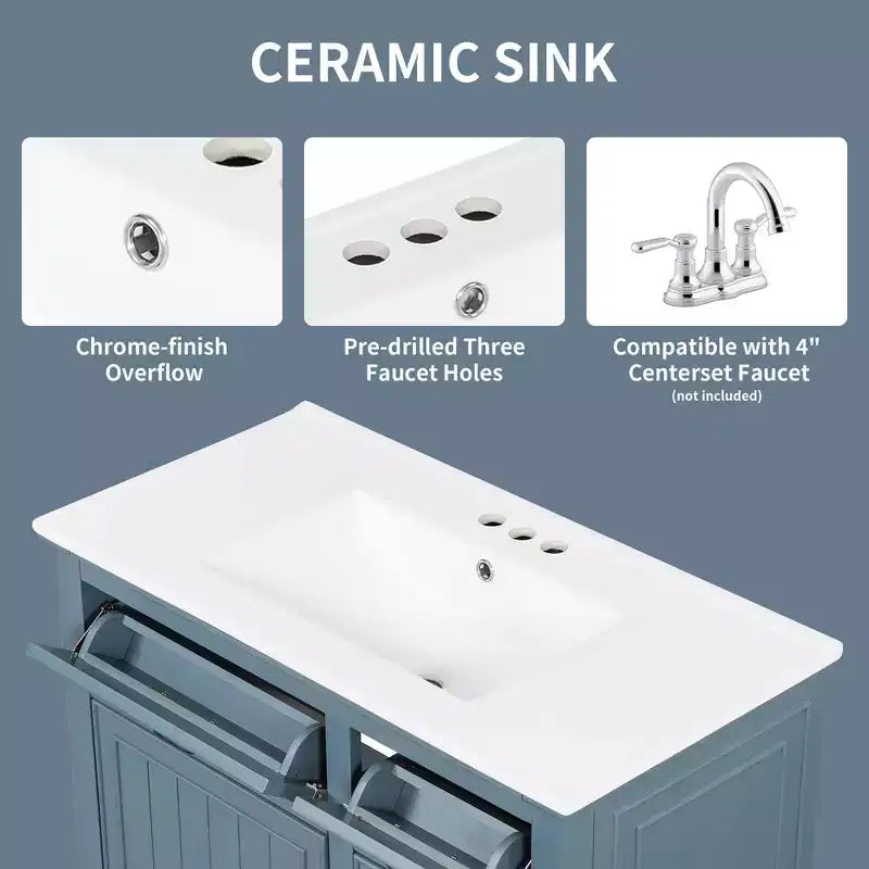 Meuble-lavabo de salle de bain MAYEERTY 36, dessus en céramique, armoire en bois massif et MDF de peuplier, tiroirs basculants, étagères réglables, poignées en zinc
