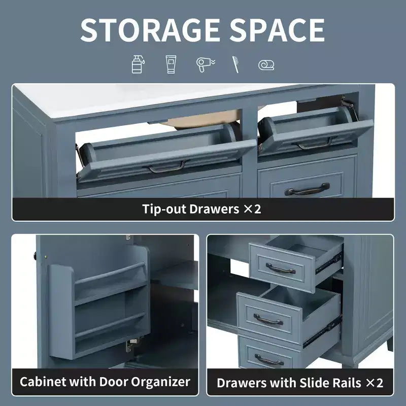 Meuble-lavabo de salle de bain MAYEERTY 36, dessus en céramique, armoire en bois massif et MDF de peuplier, tiroirs basculants, étagères réglables, poignées en zinc