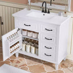 Meuble-lavabo de salle de bain MAYEERTY 36, dessus en céramique, armoire en bois massif et MDF de peuplier, tiroirs basculants, étagères réglables, poignées en zinc