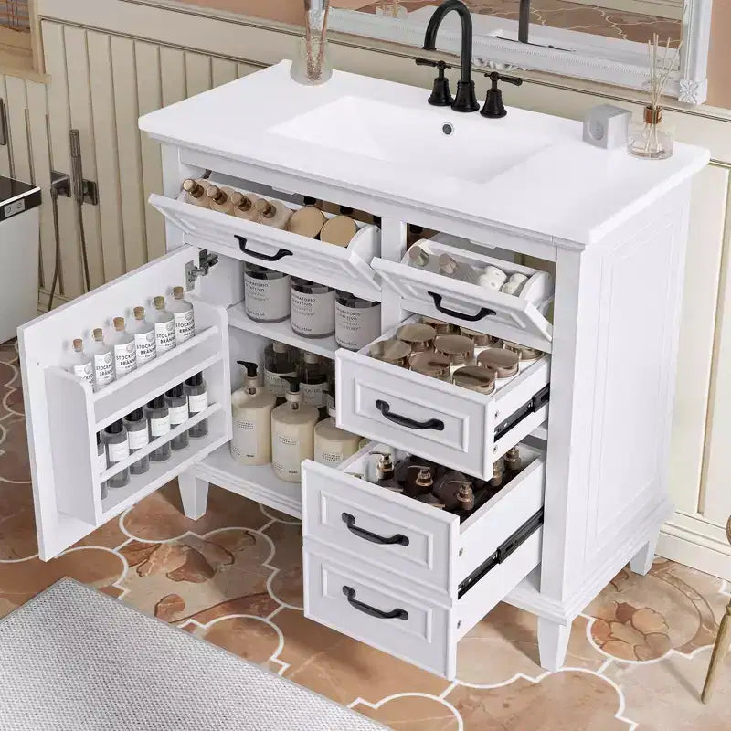 Meuble-lavabo de salle de bain MAYEERTY 36, dessus en céramique, armoire en bois massif et MDF de peuplier, tiroirs basculants, étagères réglables, poignées en zinc