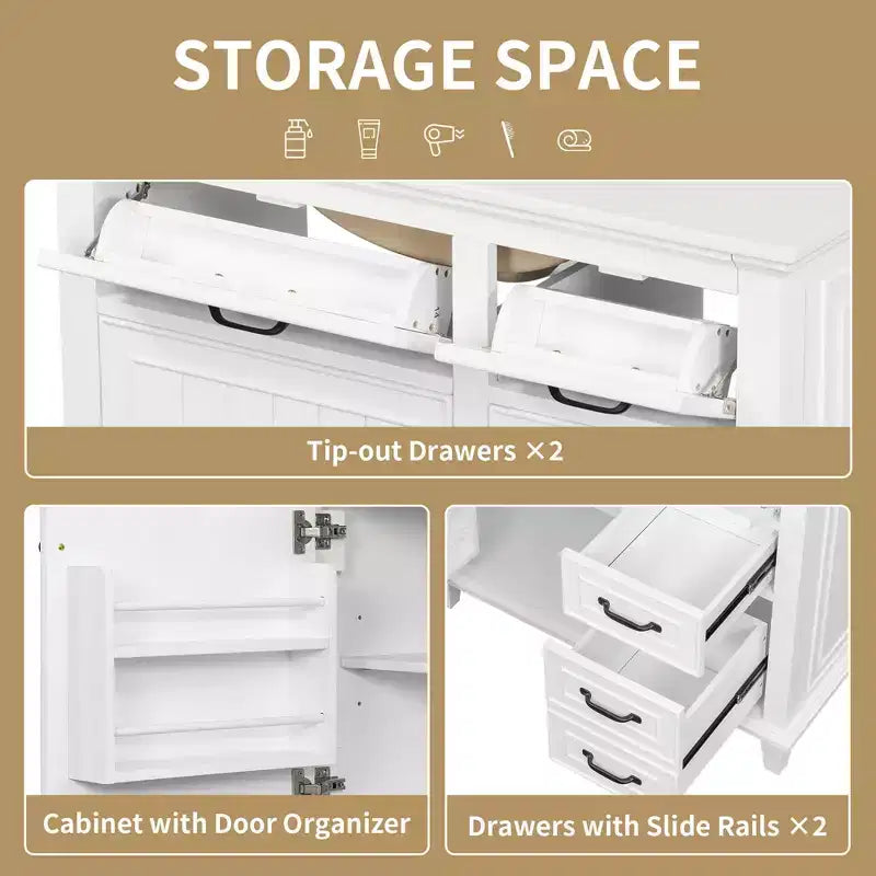 Meuble-lavabo de salle de bain MAYEERTY 36, dessus en céramique, armoire en bois massif et MDF de peuplier, tiroirs basculants, étagères réglables, poignées en zinc
