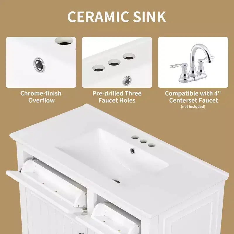 Meuble-lavabo de salle de bain MAYEERTY 36, dessus en céramique, armoire en bois massif et MDF de peuplier, tiroirs basculants, étagères réglables, poignées en zinc