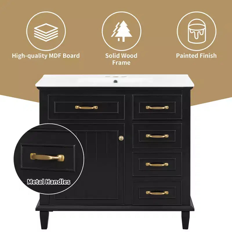 Meuble-lavabo de salle de bain MAYEERTY 36, dessus en céramique, armoire en bois massif et MDF de peuplier, tiroirs basculants, étagères réglables, poignées en zinc