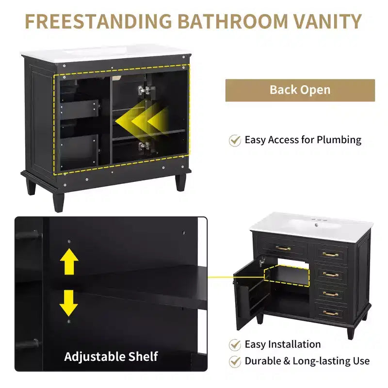 Meuble-lavabo de salle de bain MAYEERTY 36, dessus en céramique, armoire en bois massif et MDF de peuplier, tiroirs basculants, étagères réglables, poignées en zinc