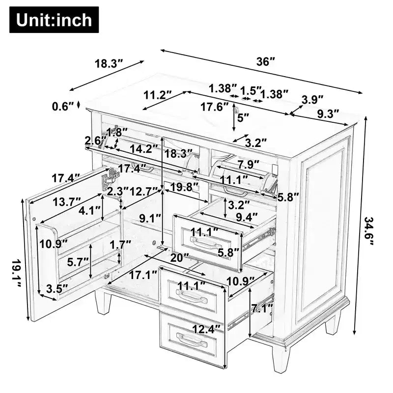 Meuble-lavabo de salle de bain MAYEERTY 36, dessus en céramique, armoire en bois massif et MDF de peuplier, tiroirs basculants, étagères réglables, poignées en zinc