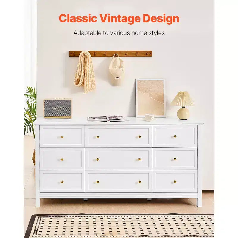 VEVOR Commode 9 tiroirs, Commode en bois avec dispositif coulissant et anti-basculement, Commode rétro minimaliste, Blanc