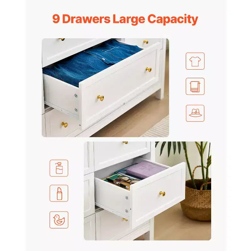 VEVOR Commode 9 tiroirs, Commode en bois avec dispositif coulissant et anti-basculement, Commode rétro minimaliste, Blanc