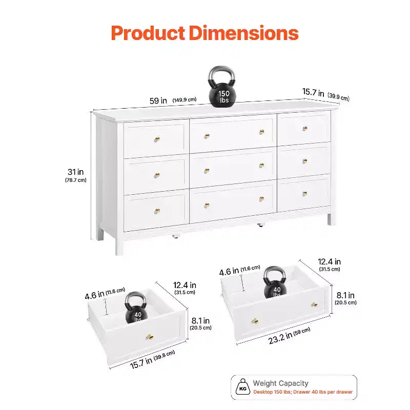 VEVOR Commode 9 tiroirs, Commode en bois avec dispositif coulissant et anti-basculement, Commode rétro minimaliste, Blanc