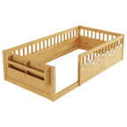 Lit enfant Zeus et Ruta en bois naturel avec barrières hautes, éclairage intégré et étagère de rangement