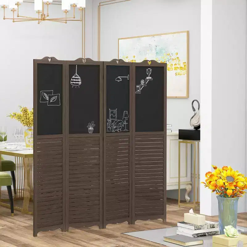 Paravent en bois avec tableau noir, paravent pliable à 4 panneaux pour bureau à domicile, 1,68 m