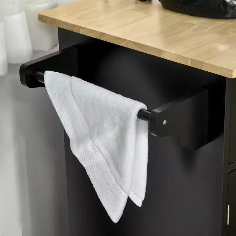 Îlot de cuisine mobile avec rangement, Desserte de cuisine avec plateau en bois, Tiroirs de rangement, Armoires à 3 portes, Étagères réglables et Porte-serviettes