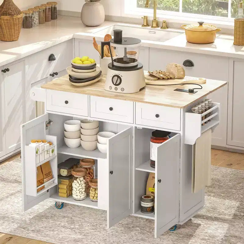 Îlot de cuisine sur roulettes avec abattant, station de charge, desserte de cuisine roulante avec plateau en bois, étagère réglable