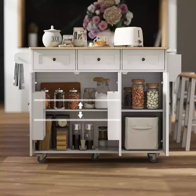 Îlot de cuisine sur roulettes avec abattant, station de charge, desserte de cuisine roulante avec plateau en bois, étagère réglable