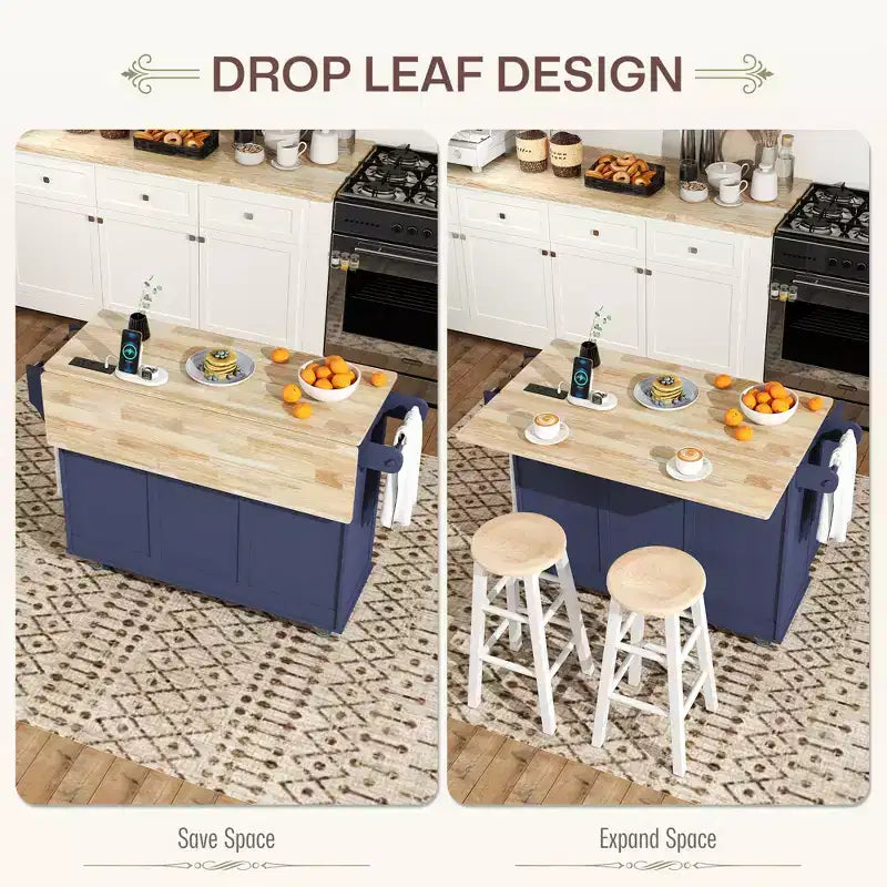 Îlot de cuisine sur roulettes avec abattant, station de charge, desserte de cuisine roulante avec plateau en bois, étagère réglable