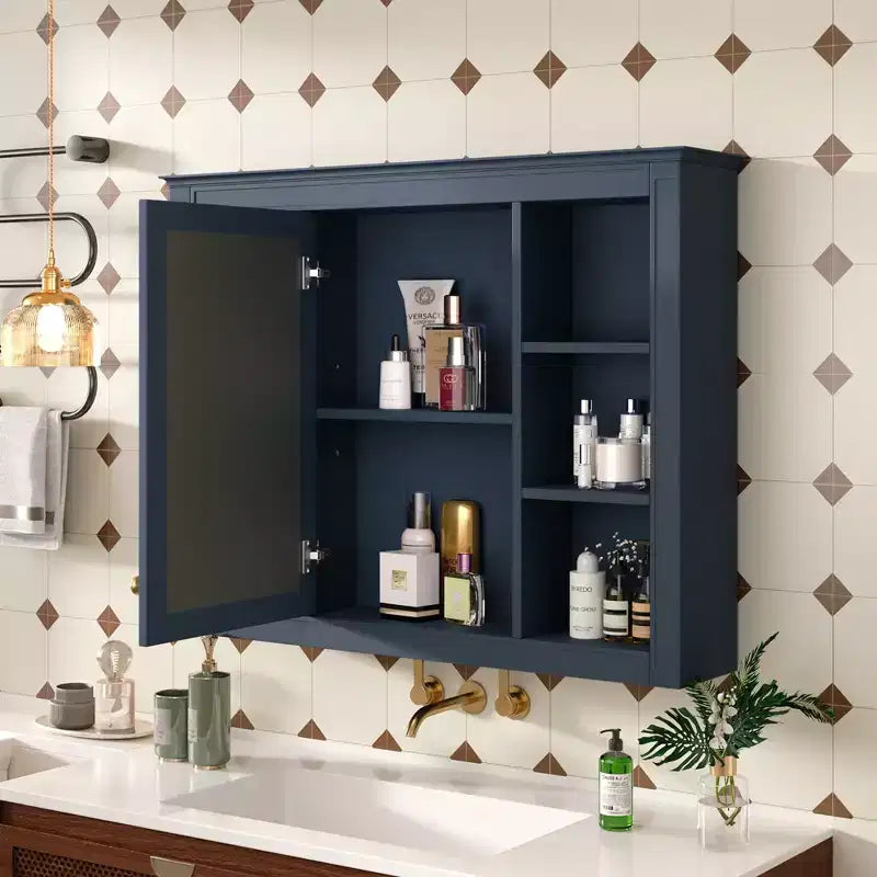 MAYEERTY 27.5 Meuble de rangement mural de salle de bain avec miroir et 6 étagères ouvertes, bleu moderne