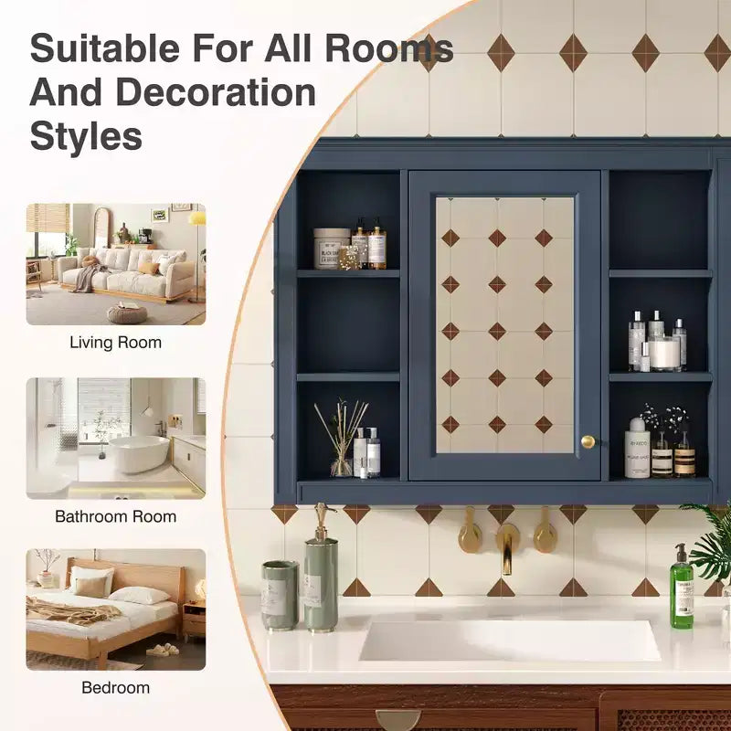 MAYEERTY 27.5 Meuble de rangement mural de salle de bain avec miroir et 6 étagères ouvertes, bleu moderne