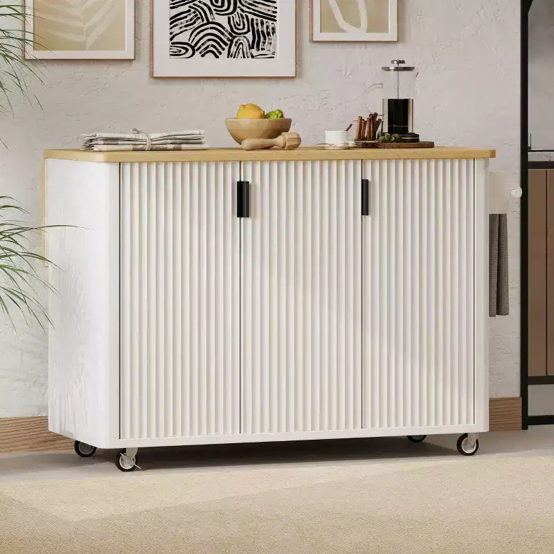51 inch White Fluted Kitchen Island with Drop Leaf Rolling Kitchen Cart with Towel Rack for Kitchen Dining Room