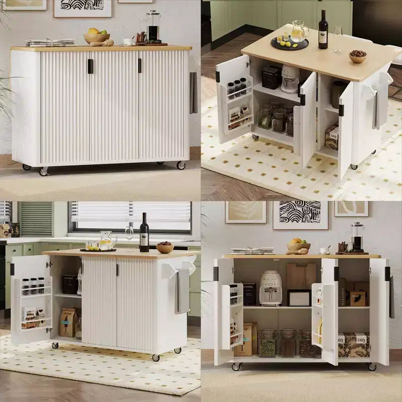Îlot de cuisine cannelé blanc de 51 pouces avec plateau rabattable Chariot de cuisine roulant avec porte-serviettes pour salle à manger de cuisine