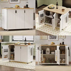 Îlot de cuisine cannelé blanc de 51 pouces avec plateau rabattable Chariot de cuisine roulant avec porte-serviettes pour salle à manger de cuisine
