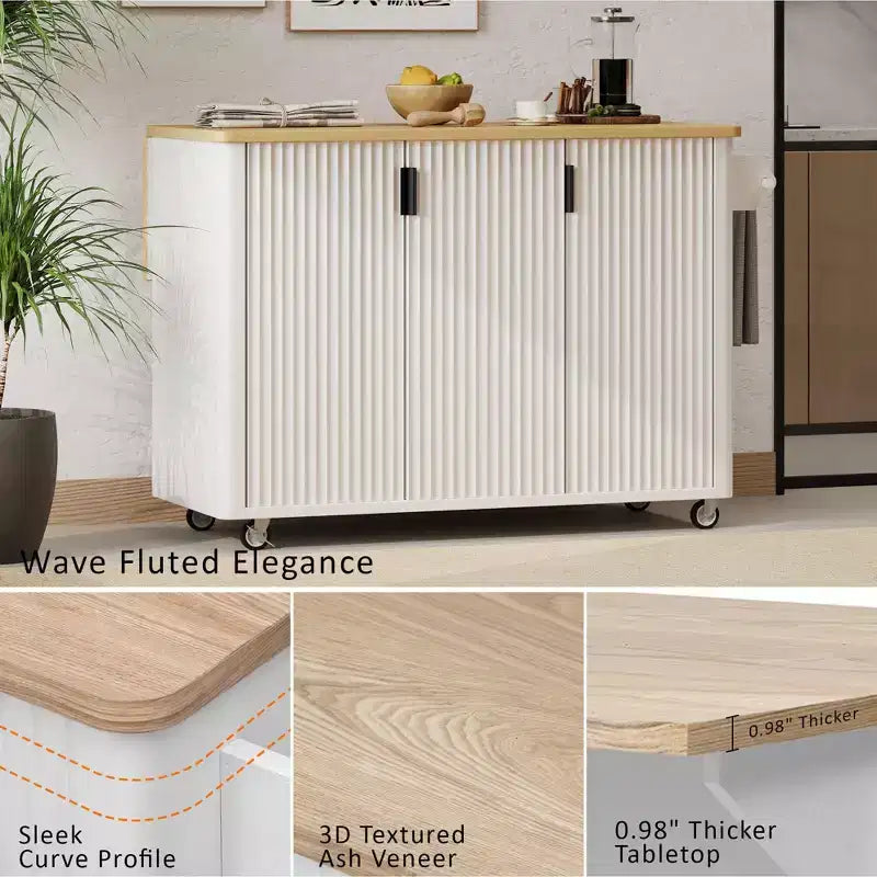 Îlot de cuisine cannelé blanc de 51 pouces avec plateau rabattable Chariot de cuisine roulant avec porte-serviettes pour salle à manger de cuisine