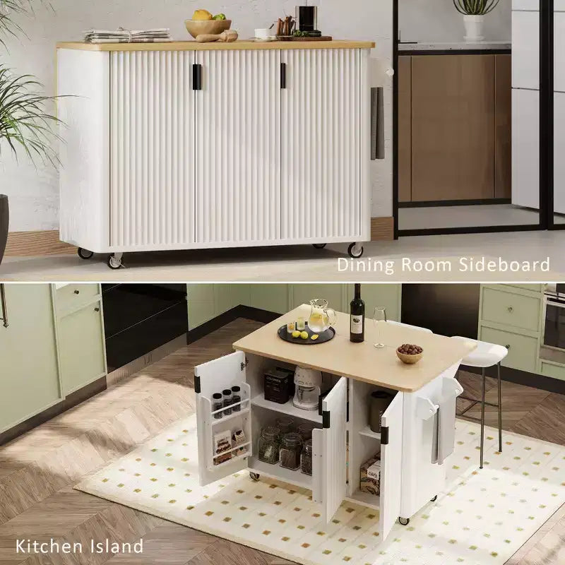 Îlot de cuisine cannelé blanc de 51 pouces avec plateau rabattable Chariot de cuisine roulant avec porte-serviettes pour salle à manger de cuisine