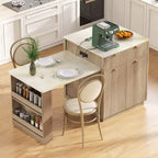 Îlot de cuisine cannelé blanc de 2,10 m avec table de salle à manger extensible pour 4 à 6 personnes, îlot de cuisine pour salle à manger