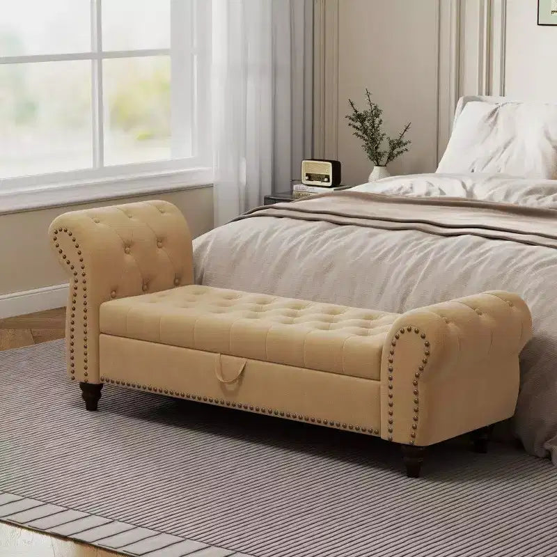 TUYOHW Banc de rangement rectangulaire, banc ottoman de bout de lit de 64,5 pouces avec design touffeté à clous, ottoman en lin pour salon, chambre, entrée