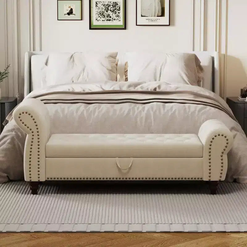 TUYOHW Banc de rangement rectangulaire, banc ottoman de bout de lit de 64,5 pouces avec design touffeté à clous, ottoman en lin pour salon, chambre, entrée